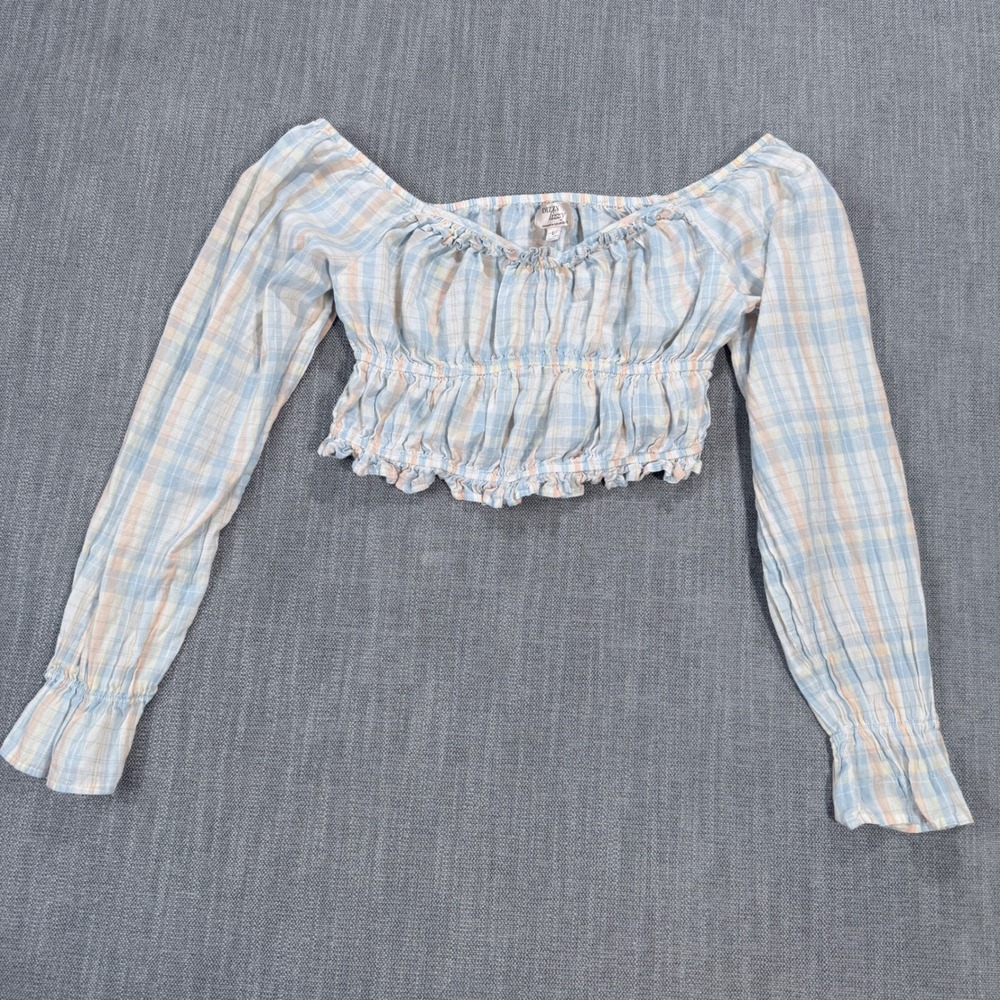 Dizzy Lizzy Pastel Plaid Smocked Cropped Peasant Top Blue Peach Large